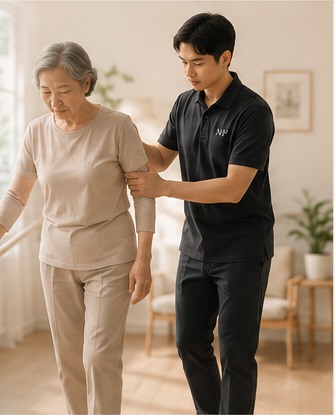 治療師陪伴年長女性行走